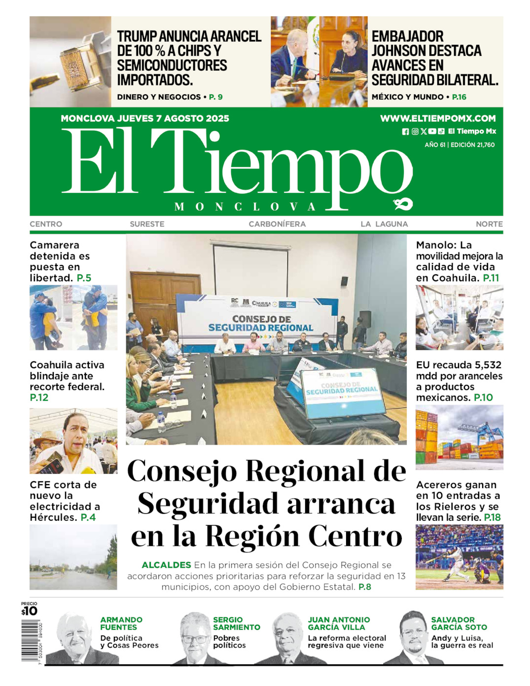 Edición impresa: Portada del jueves 07 de agosto de 2025, El Tiempo de <strong>Monclova</strong>