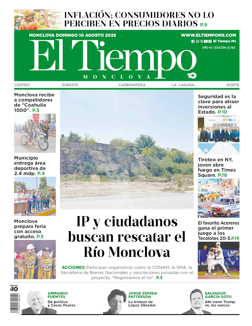 Edición impresa: Portada del domingo 10 de agosto de 2025, El Tiempo de <strong>Monclova</strong>