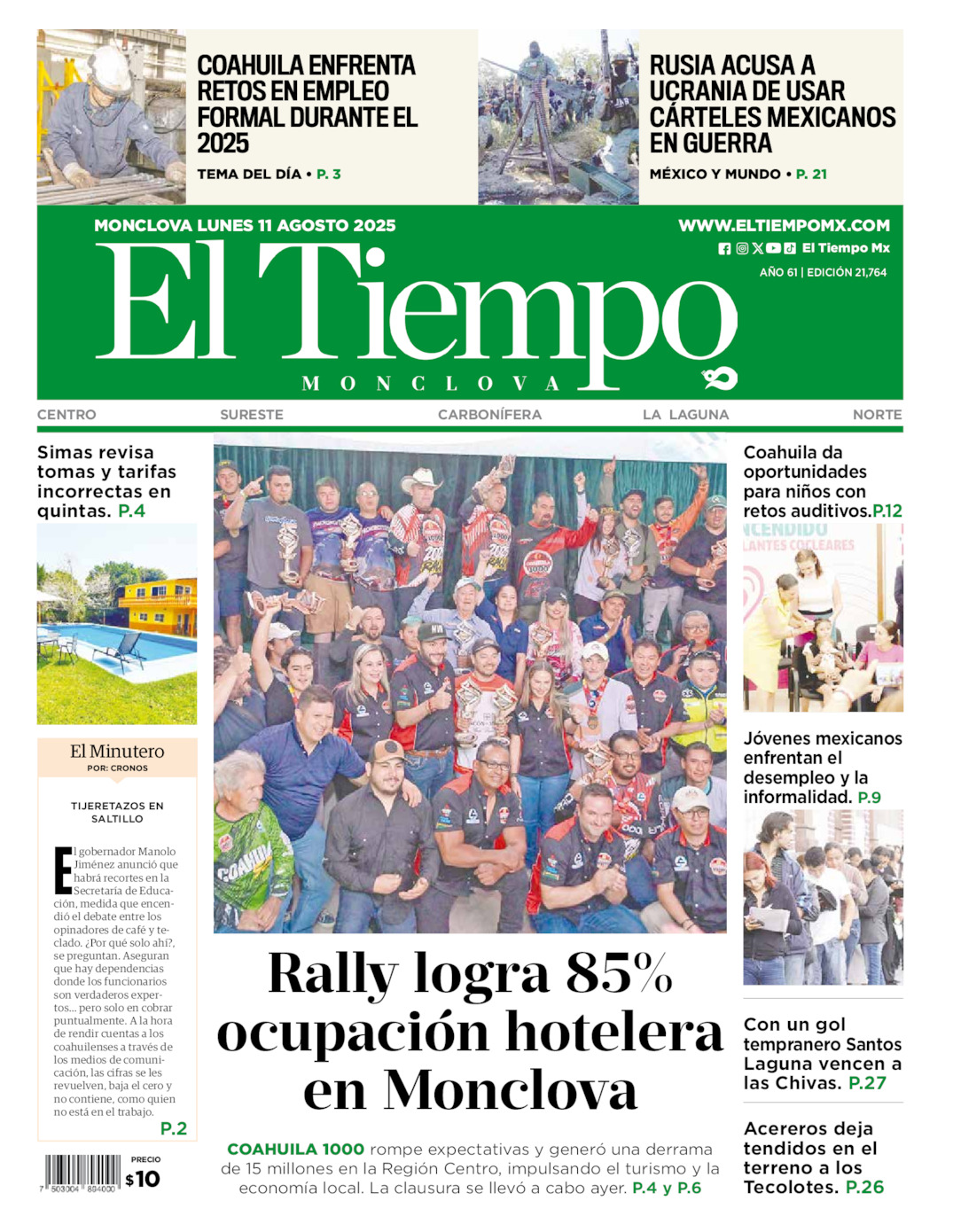 Edición impresa: Portada del lunes 11 de agosto de 2025, El Tiempo de <strong>Monclova</strong>