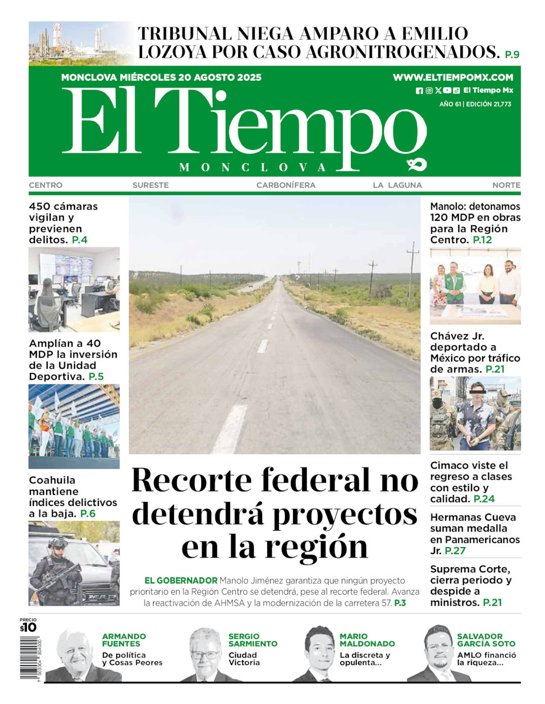 Edición impresa: Portada del miércoles 20 de agosto de 2025, El Tiempo de <strong>Monclova</strong>