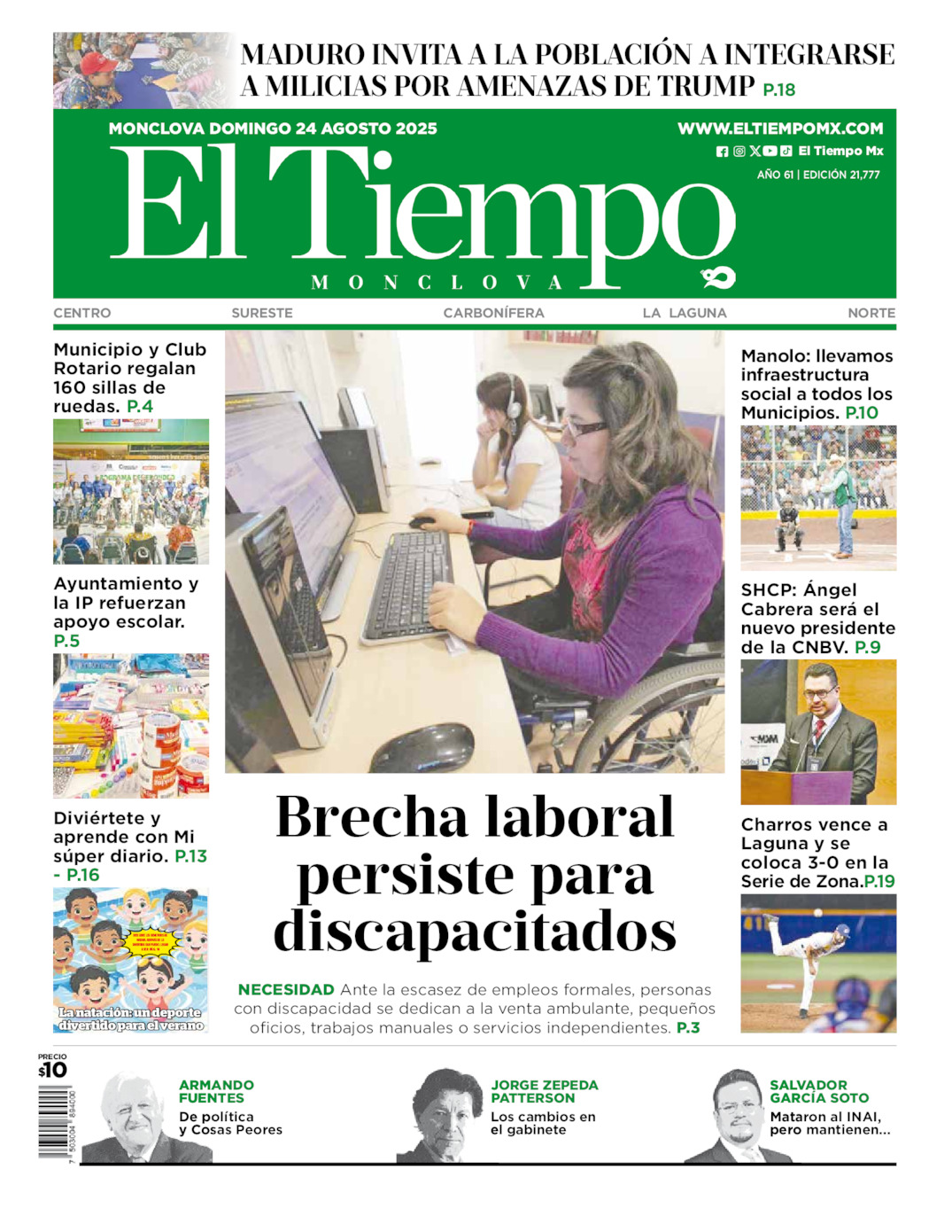 Edición impresa: Portada del domingo 24 de agosto de 2025, El Tiempo de <strong>Monclova</strong>