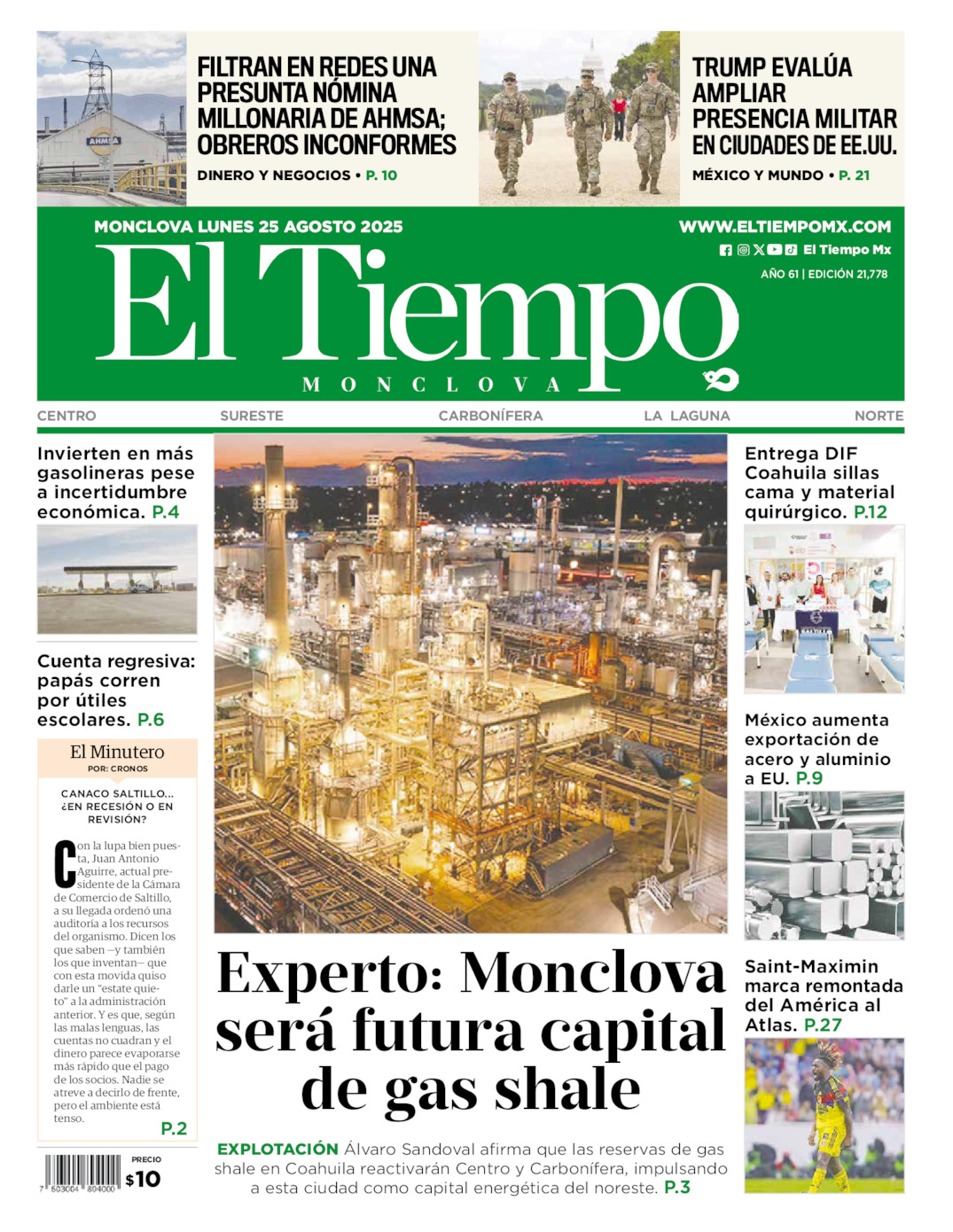 Edición impresa: Portada del lunes 25 de agosto de 2025, El Tiempo de <strong>Monclova</strong>