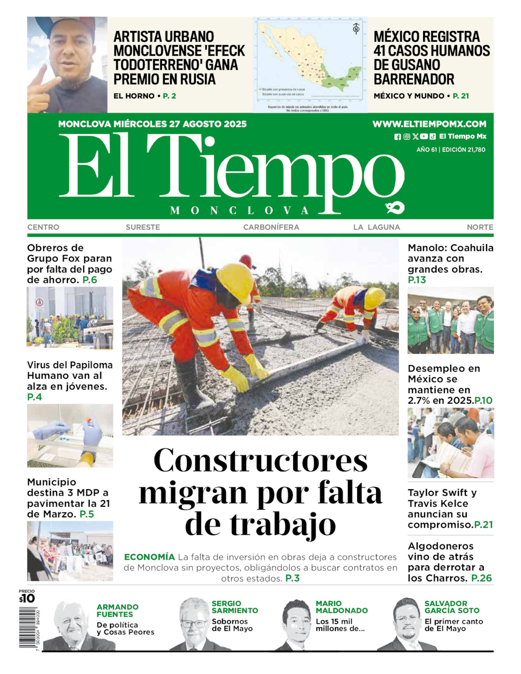 Edición impresa: Portada del miércoles 27 de agosto de 2025, El Tiempo de <strong>Monclova</strong>