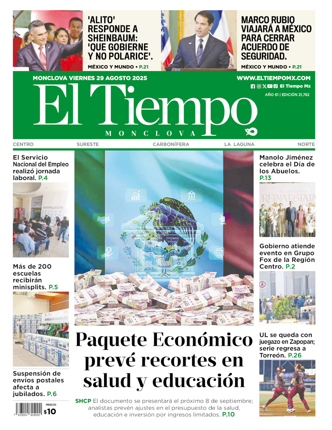 Edición impresa: Portada del viernes 29 de agosto de 2025, El Tiempo de <strong>Monclova</strong>