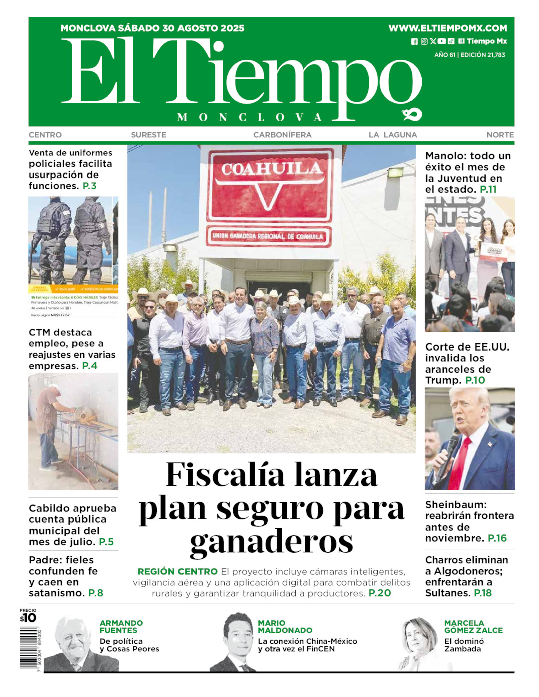 Edición impresa: Portada del sábado 30 de agosto de 2025, El Tiempo de <strong>Monclova</strong>