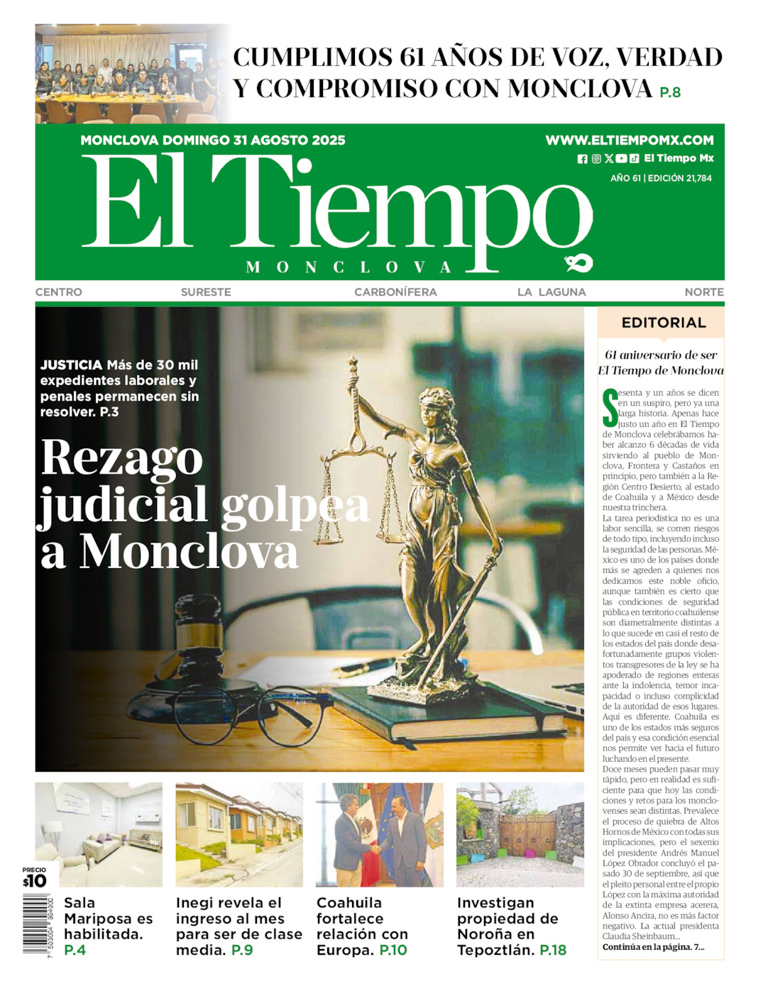 Edición impresa: Portada del domingo 31 de agosto de 2025, El Tiempo de <strong>Monclova</strong>