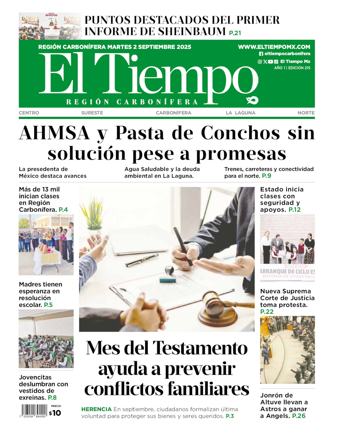 Edición impresa: Portada del martes 02 de septiembre de 2025, El Tiempo región <strong>Carbonífera</strong>
