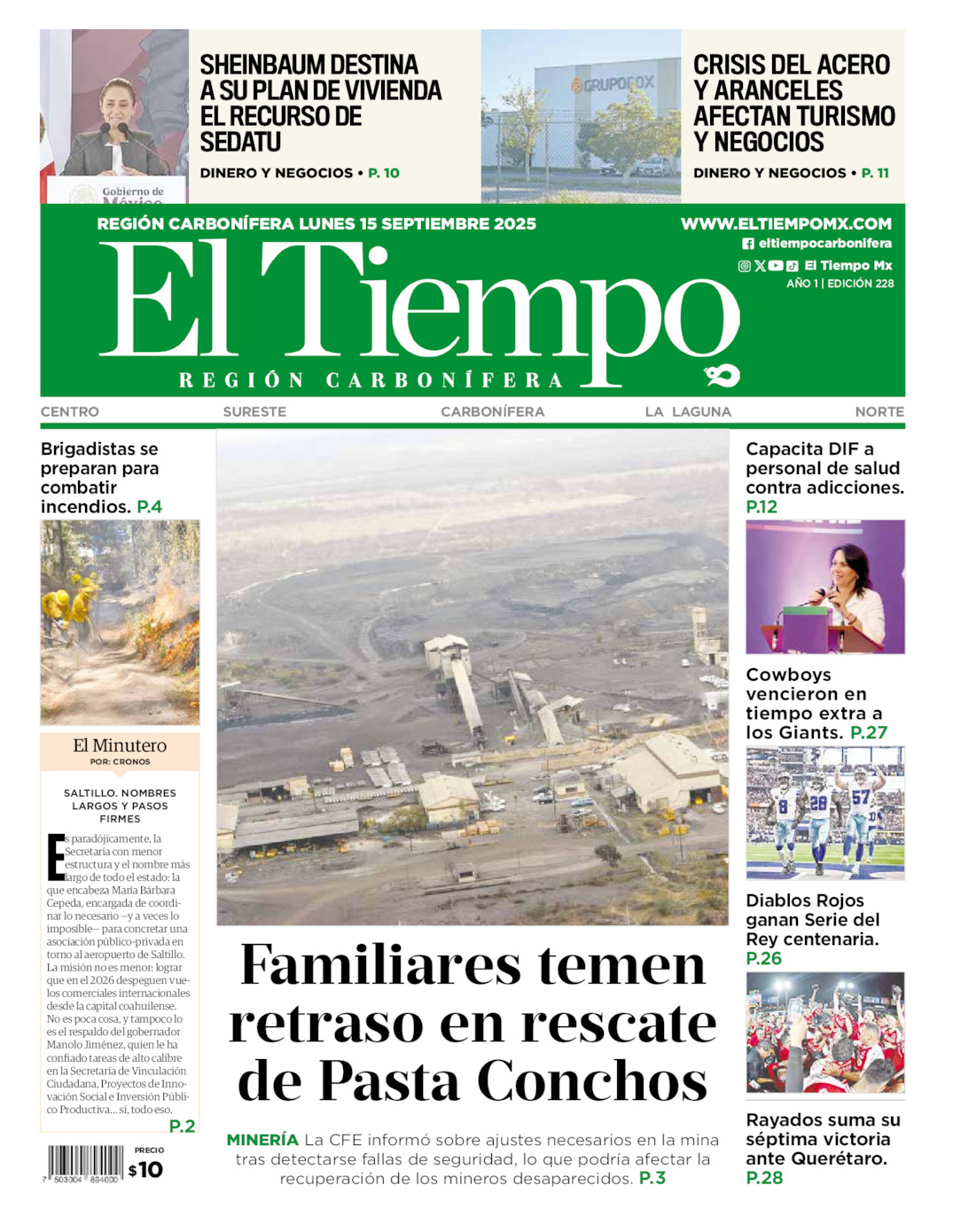 Edición impresa: Portada del lunes 15 de septiembre de 2025, El Tiempo región <strong>Carbonífera</strong>