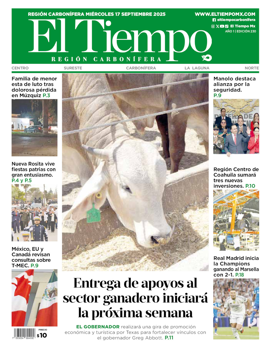 Edición impresa: Portada del miércoles 17 de septiembre de 2025, El Tiempo región <strong>Carbonífera</strong>