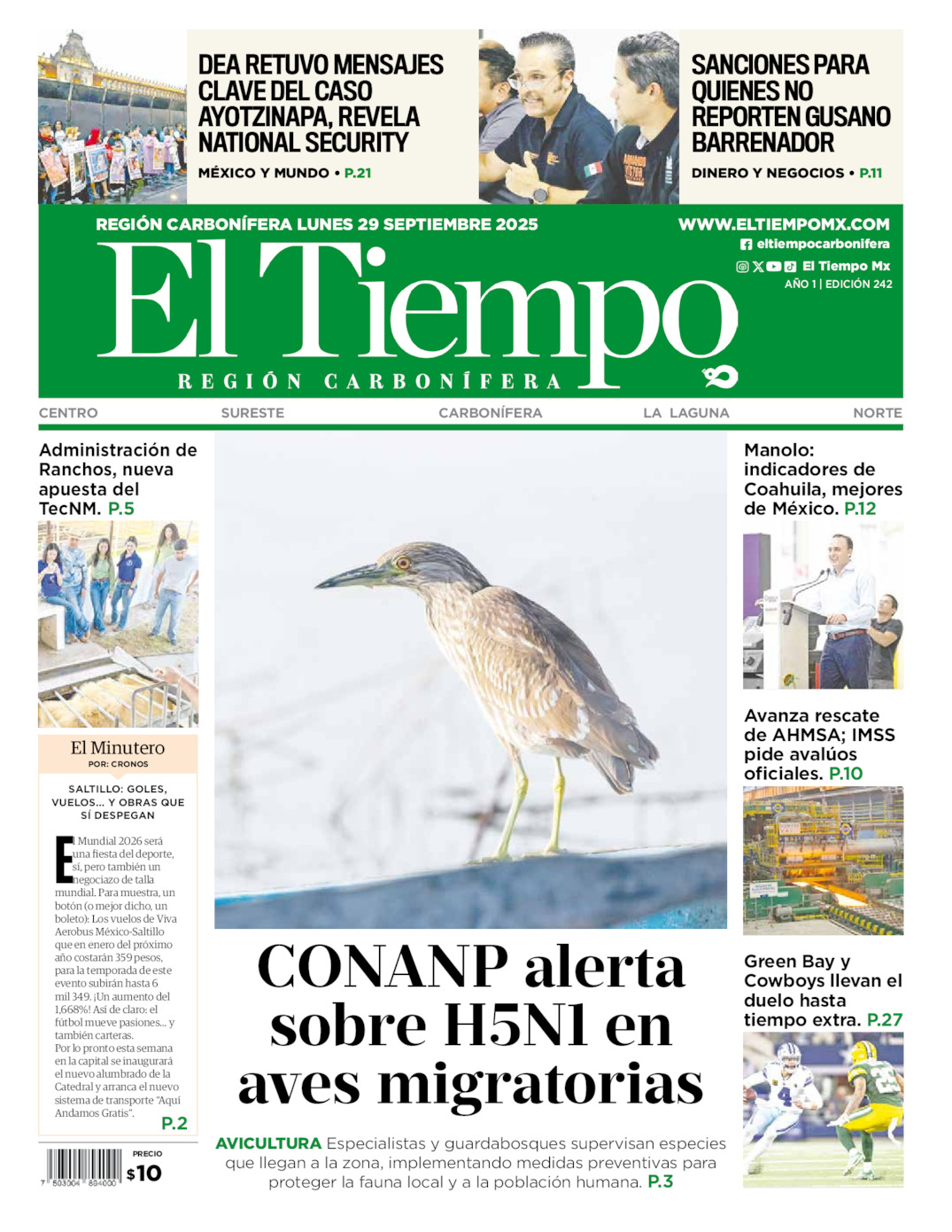 Edición impresa: Portada del lunes 29 de septiembre de 2025, El Tiempo región <strong>Carbonífera</strong>