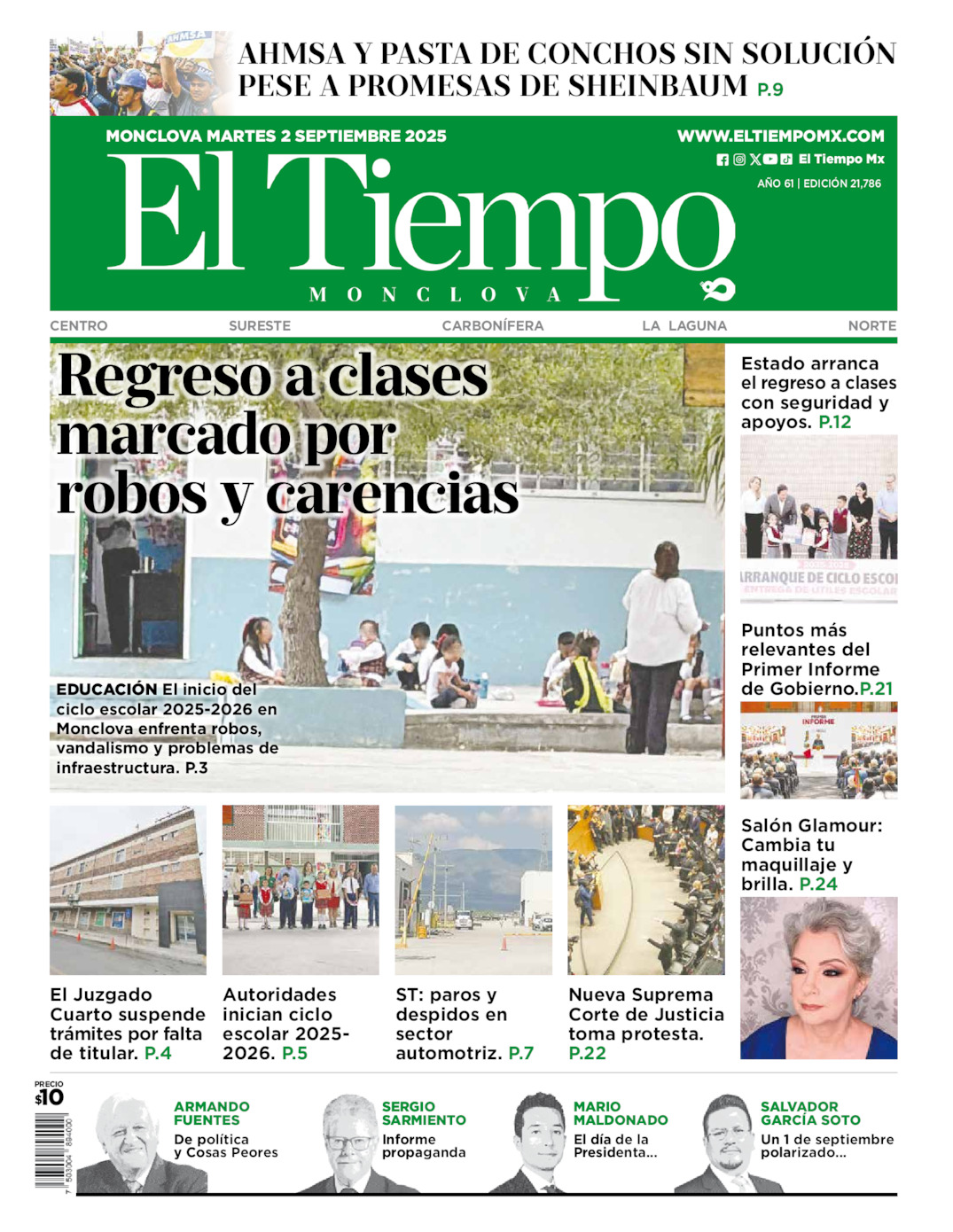 Edición impresa: Portada del martes 02 de septiembre de 2025, El Tiempo de <strong>Monclova</strong>