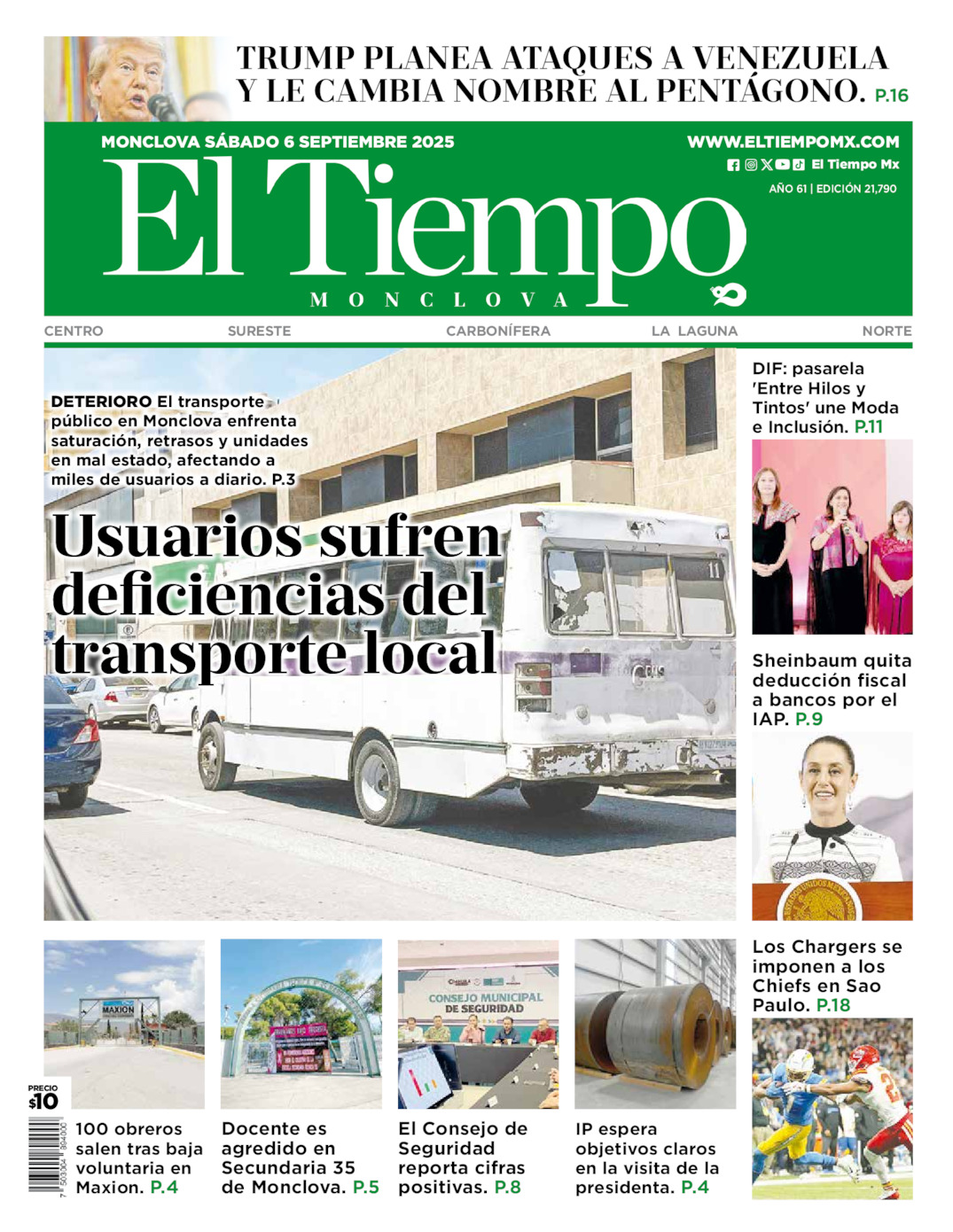 Edición impresa: Portada del sábado 06 de septiembre de 2025, El Tiempo de <strong>Monclova</strong>