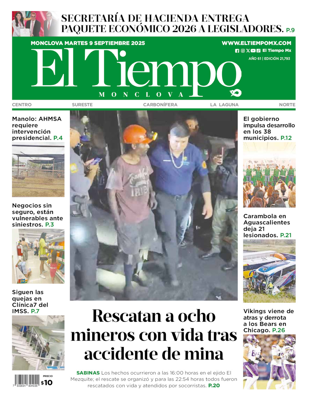 Edición impresa: Portada del martes 09 de septiembre de 2025, El Tiempo de <strong>Monclova</strong>