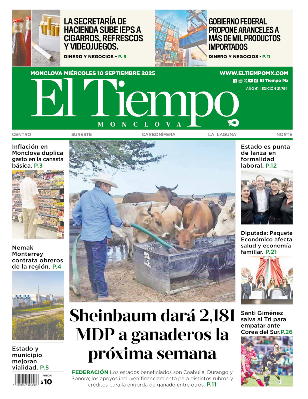 Edición impresa: Portada del miércoles 10 de septiembre de 2025, El Tiempo de <strong>Monclova</strong>