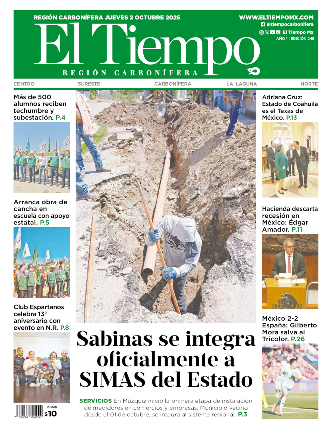 Edición impresa: Portada del jueves 02 de octubre de 2025, El Tiempo región <strong>Carbonífera</strong>