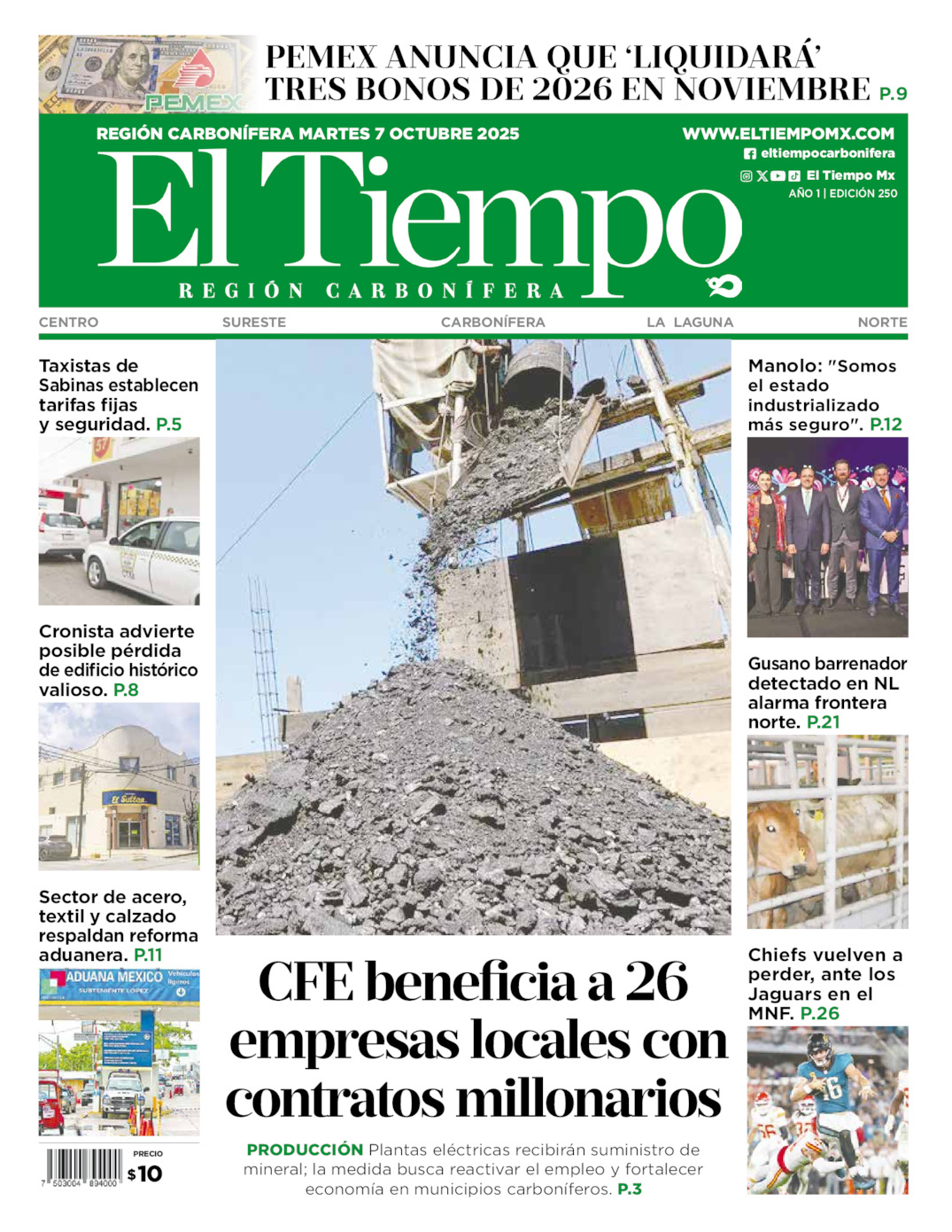 Edición impresa: Portada del martes 07 de octubre de 2025, El Tiempo región <strong>Carbonífera</strong>