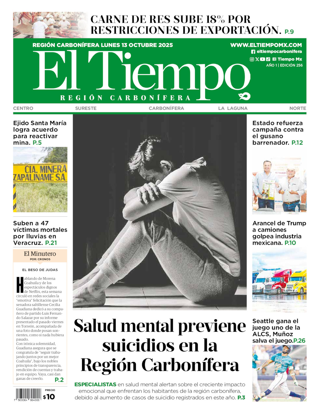 Edición impresa: Portada del lunes 13 de octubre de 2025, El Tiempo región <strong>Carbonífera</strong>