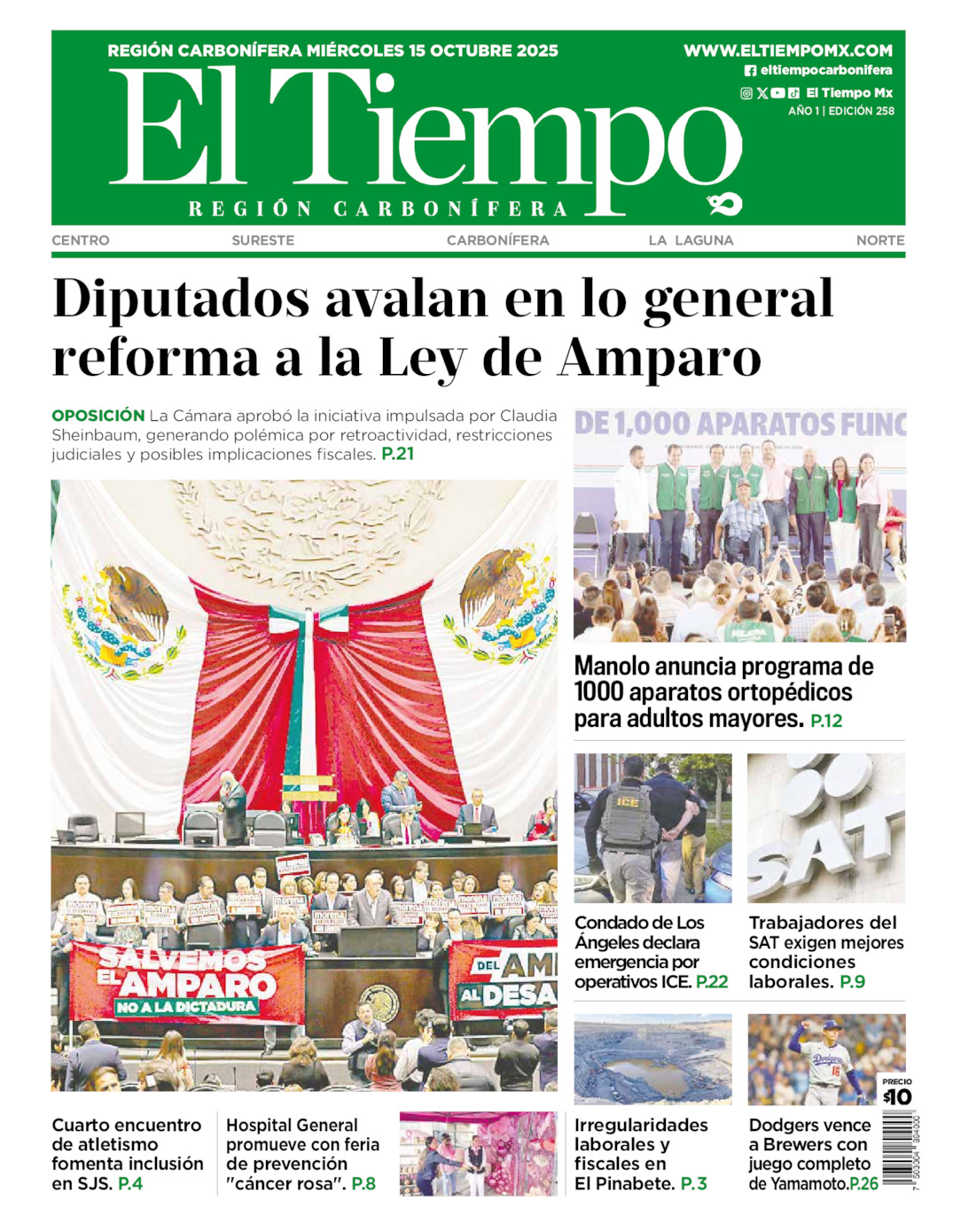 Edición impresa: Portada del miércoles 15 de octubre de 2025, El Tiempo región <strong>Carbonífera</strong>