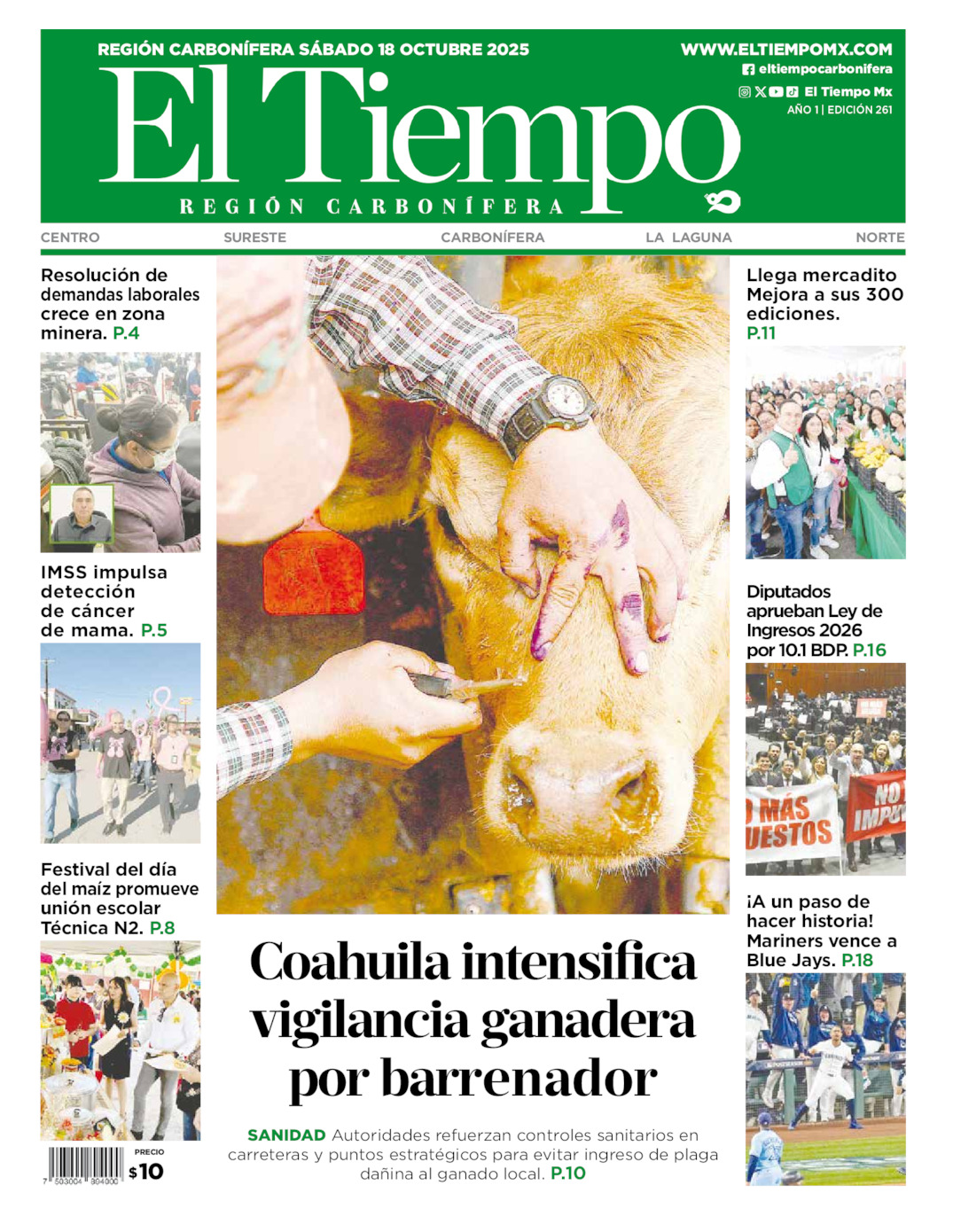 Edición impresa: Portada del sábado 18 de octubre de 2025, El Tiempo región <strong>Carbonífera</strong>