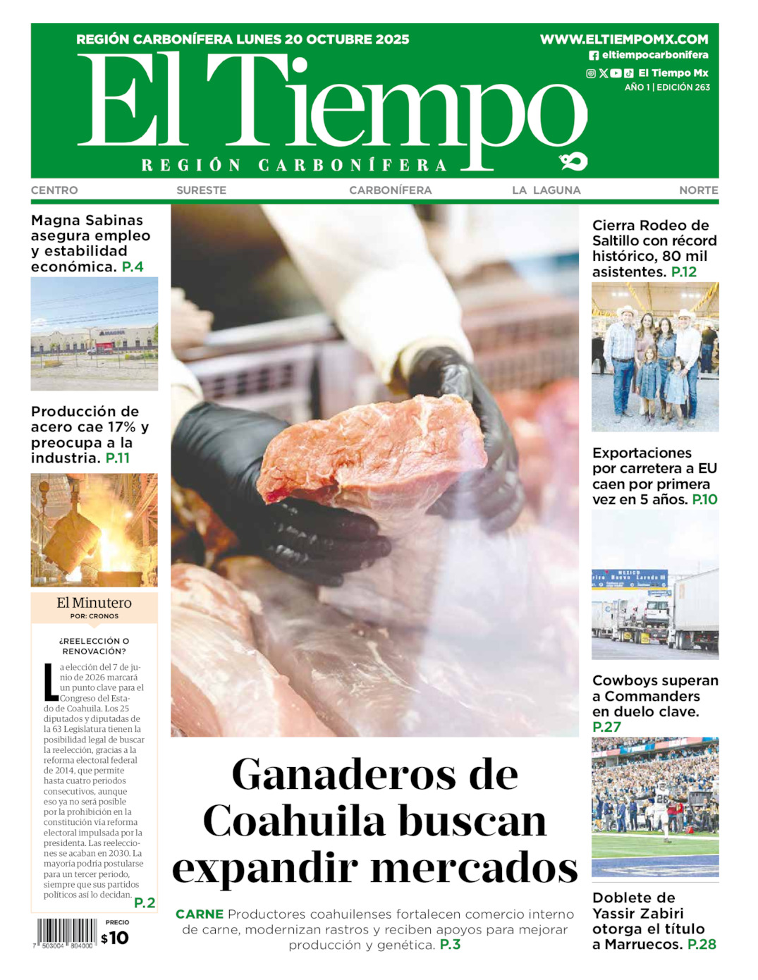 Edición impresa: Portada del lunes 20 de octubre de 2025, El Tiempo región <strong>Carbonífera</strong>