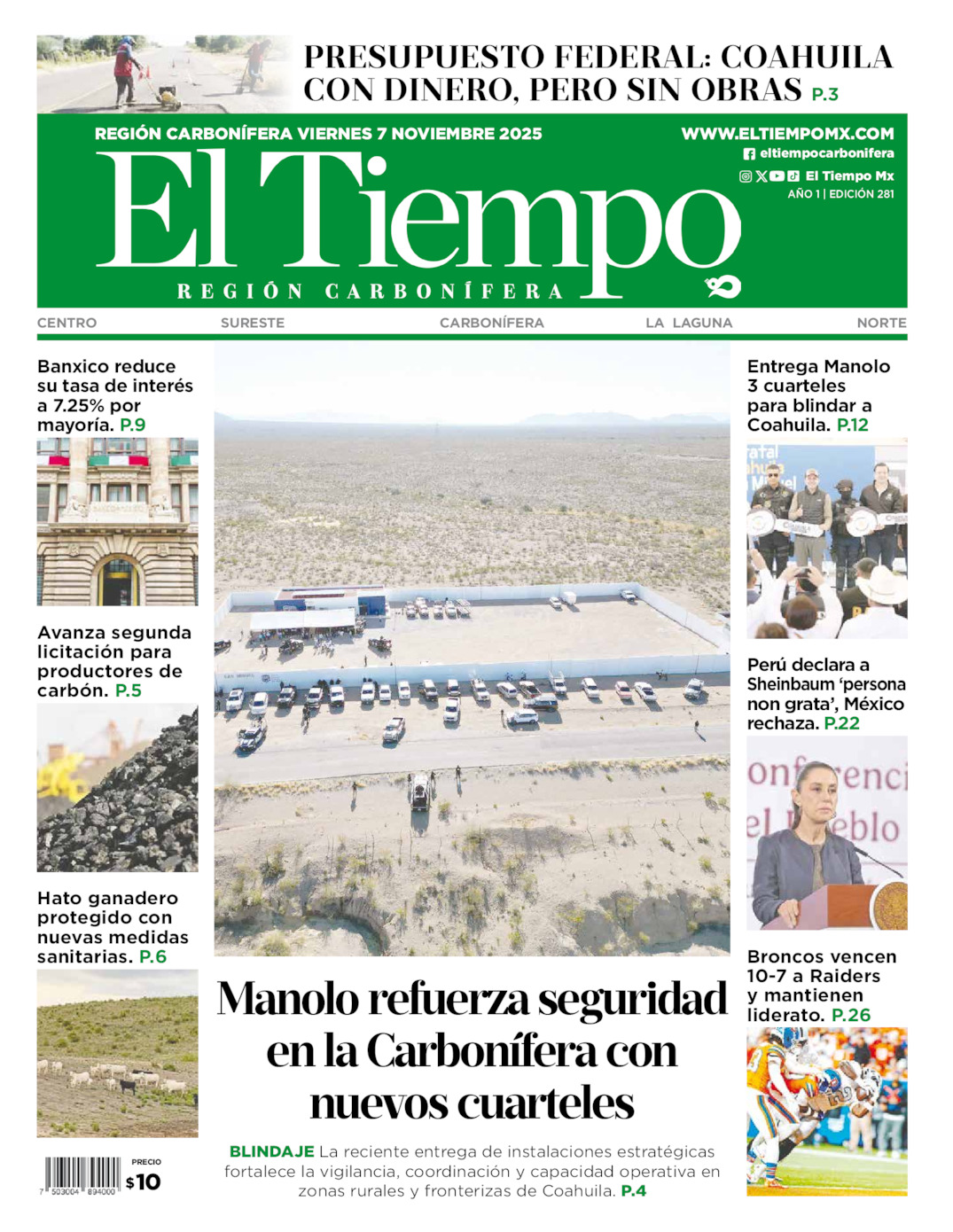 Edición impresa: Portada del viernes 07 de noviembre de 2025, El Tiempo región <strong>Carbonífera</strong>