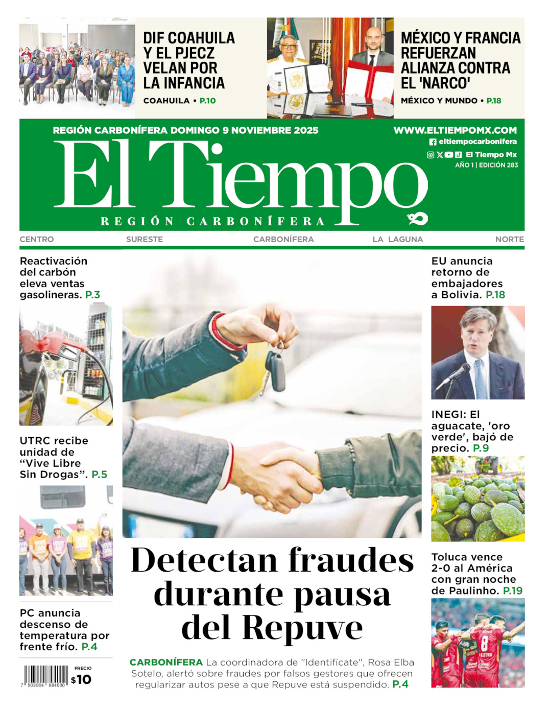 Edición impresa: Portada del domingo 09 de noviembre de 2025, El Tiempo región <strong>Carbonífera</strong>