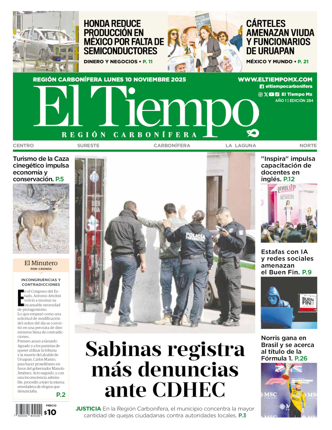 Edición impresa: Portada del lunes 10 de noviembre de 2025, El Tiempo región <strong>Carbonífera</strong>