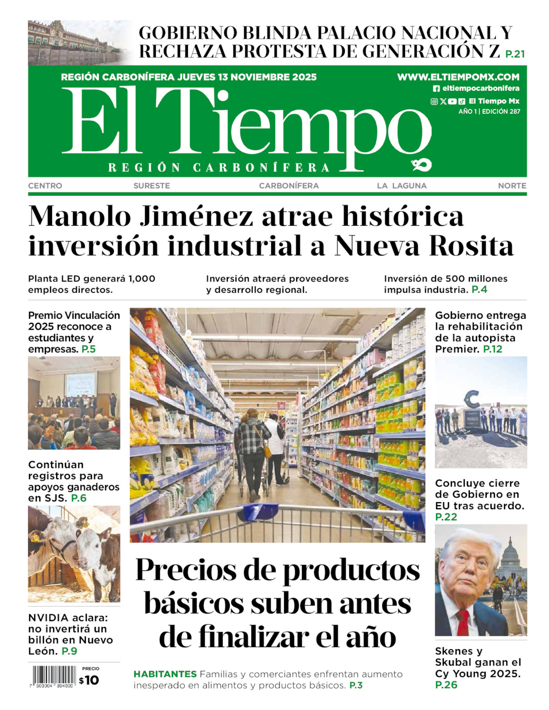 Edición impresa: Portada del jueves 13 de noviembre de 2025, El Tiempo región <strong>Carbonífera</strong>