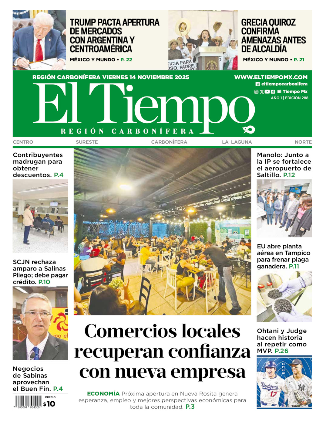 Edición impresa: Portada del viernes 14 de noviembre de 2025, El Tiempo región <strong>Carbonífera</strong>