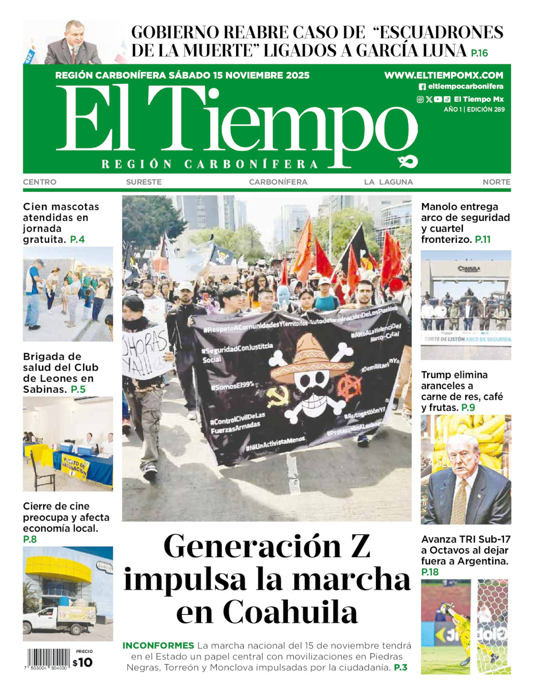 Edición impresa: Portada del sábado 15 de noviembre de 2025, El Tiempo región <strong>Carbonífera</strong>