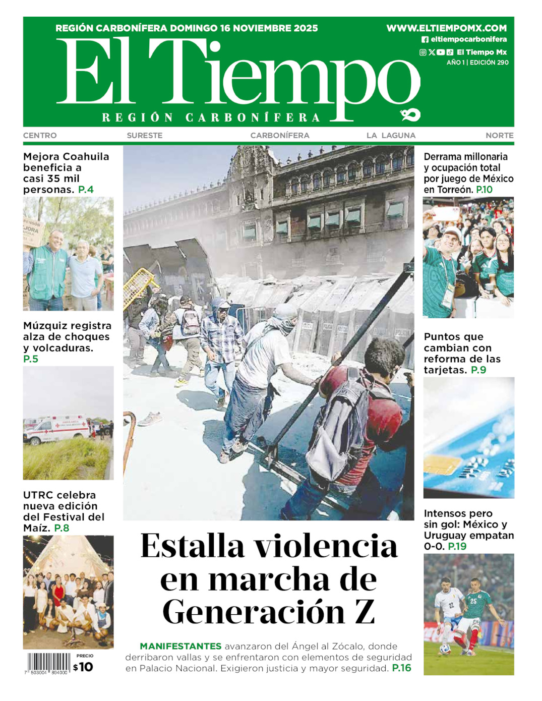 Edición impresa: Portada del domingo 16 de noviembre de 2025, El Tiempo región <strong>Carbonífera</strong>