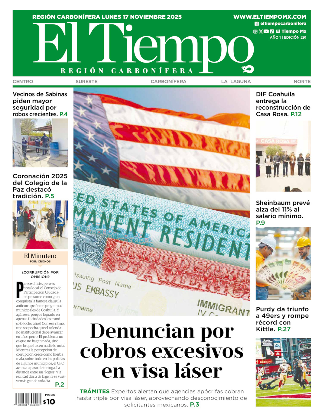 Edición impresa: Portada del lunes 17 de noviembre de 2025, El Tiempo región <strong>Carbonífera</strong>