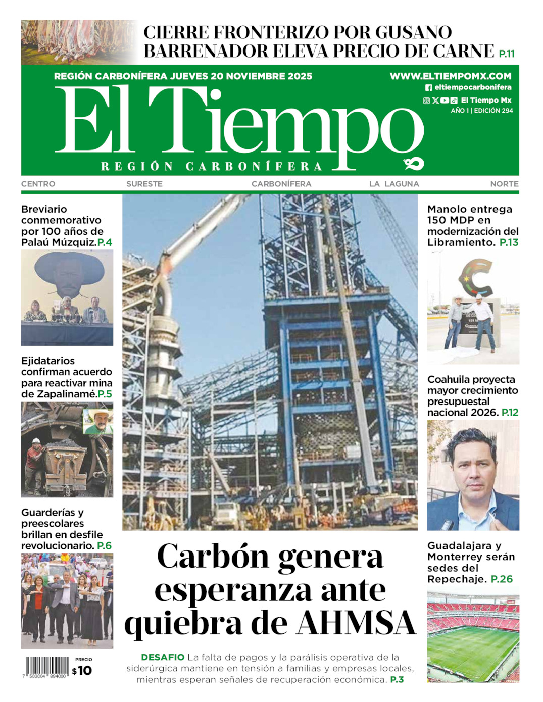 Edición impresa: Portada del jueves 20 de noviembre de 2025, El Tiempo región <strong>Carbonífera</strong>