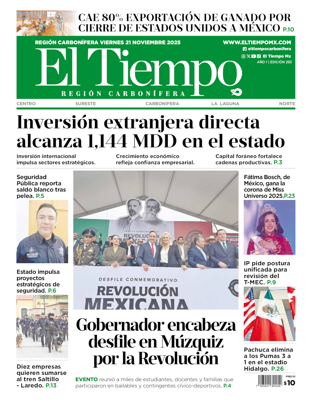 Edición impresa: Portada del viernes 21 de noviembre de 2025, El Tiempo región <strong>Carbonífera</strong>
