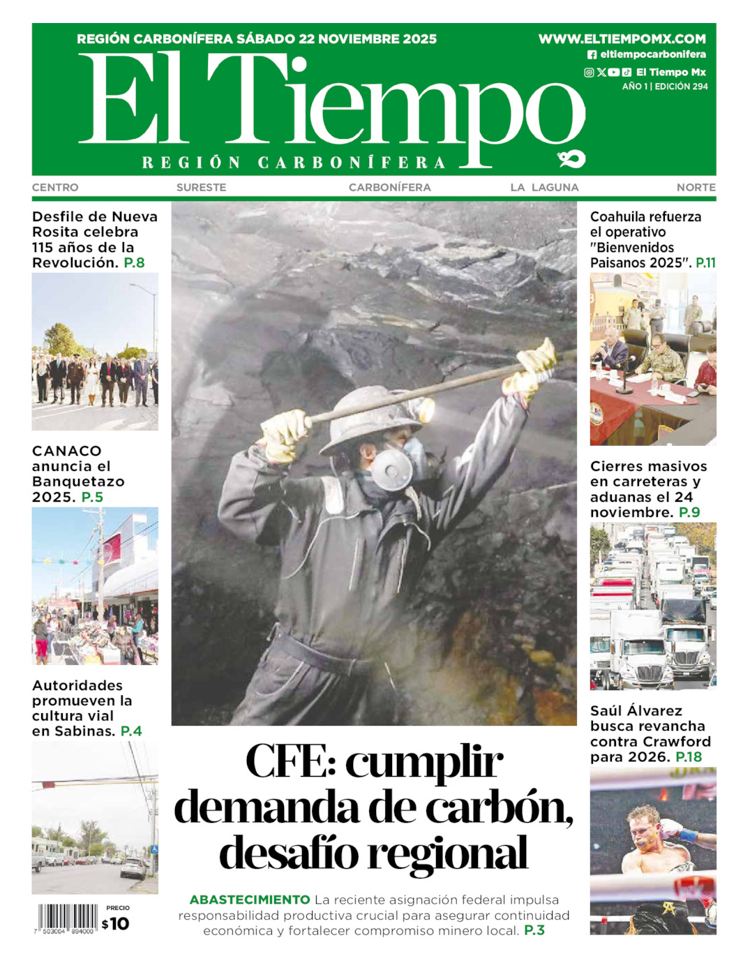 Edición impresa: Portada del sábado 22 de noviembre de 2025, El Tiempo región <strong>Carbonífera</strong>