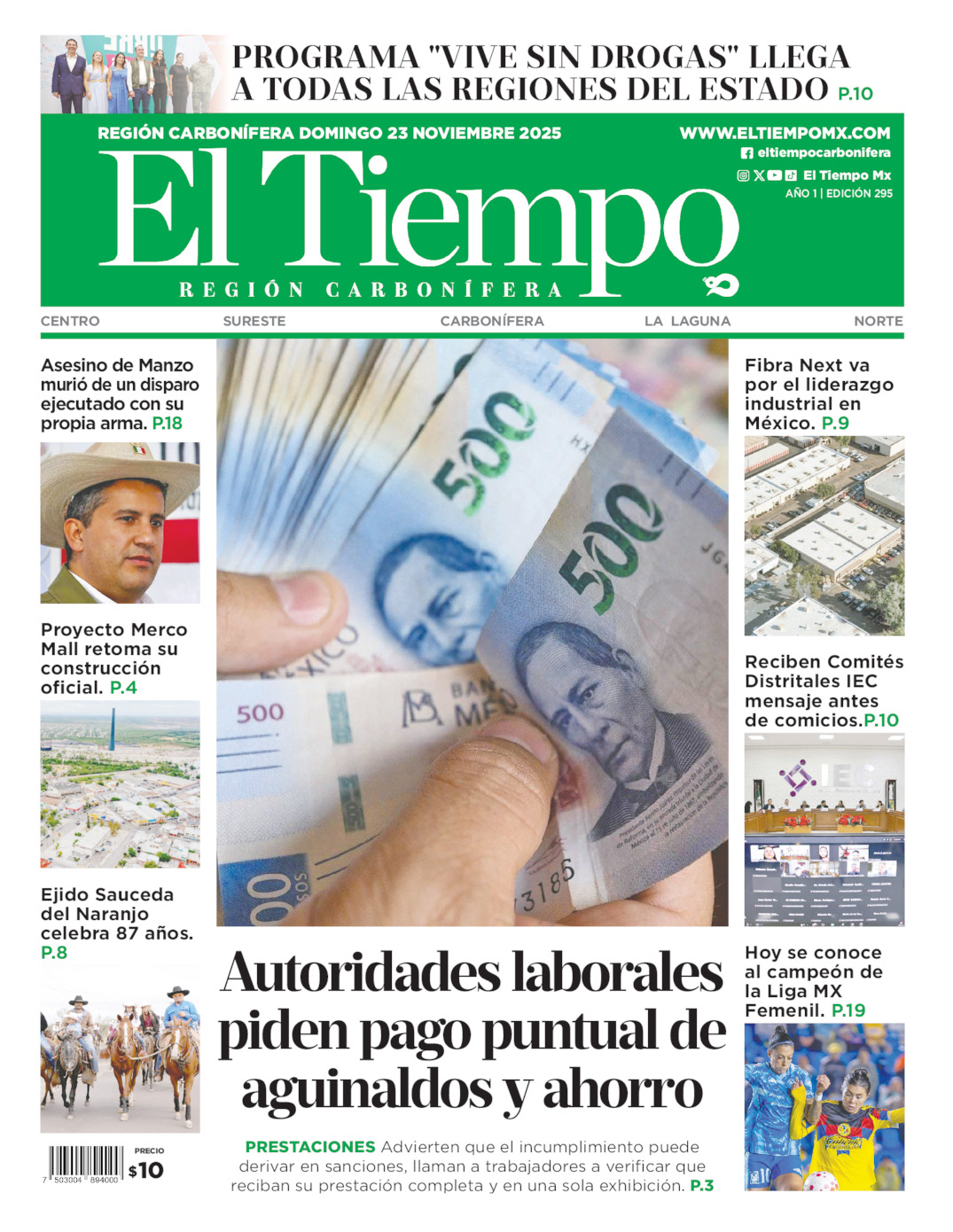 Edición impresa: Portada del domingo 23 de noviembre de 2025, El Tiempo región <strong>Carbonífera</strong>