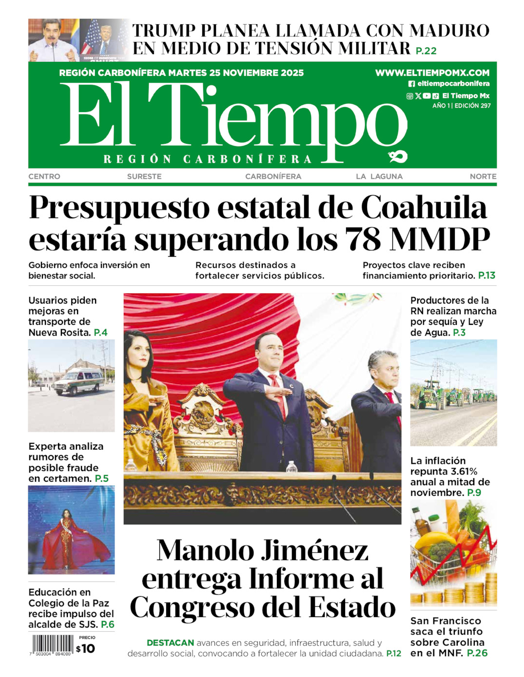 Edición impresa: Portada del martes 25 de noviembre de 2025, El Tiempo región <strong>Carbonífera</strong>