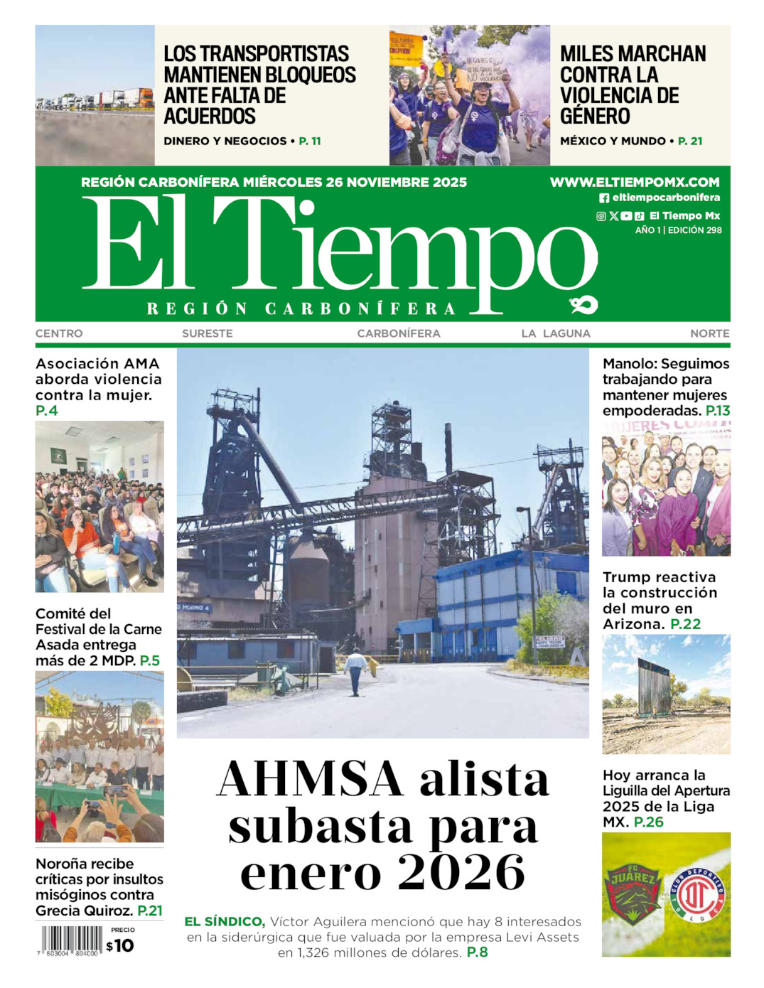 Edición impresa: Portada del miércoles 26 de noviembre de 2025, El Tiempo región <strong>Carbonífera</strong>