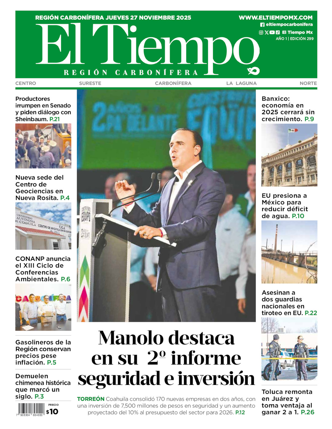 Edición impresa: Portada del jueves 27 de noviembre de 2025, El Tiempo región <strong>Carbonífera</strong>