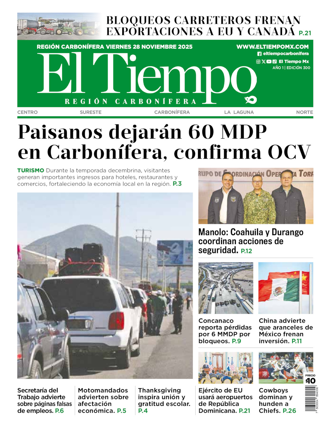 Edición impresa: Portada del viernes 28 de noviembre de 2025, El Tiempo región <strong>Carbonífera</strong>