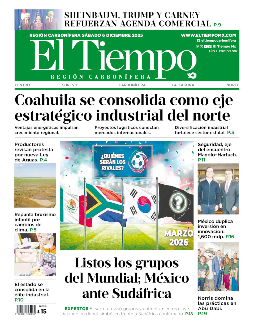 Edición impresa: Portada del sábado 06 de diciembre de 2025, El Tiempo región <strong>Carbonífera</strong>