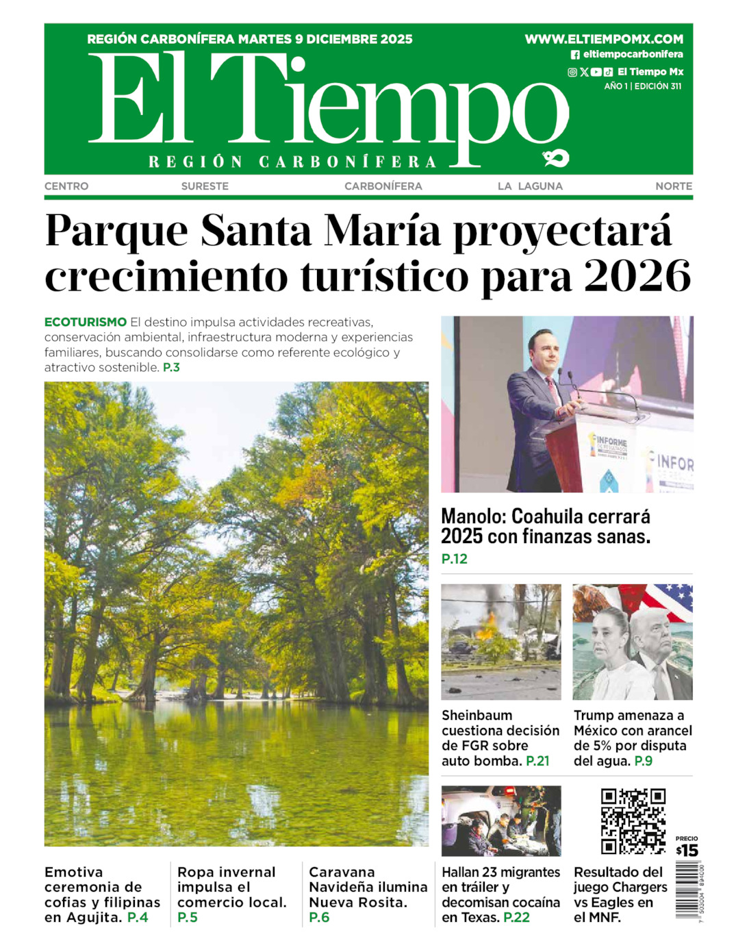 Edición impresa: Portada del martes 09 de diciembre de 2025, El Tiempo región <strong>Carbonífera</strong>