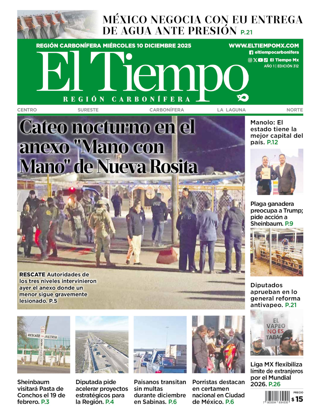 Edición impresa: Portada del miércoles 10 de diciembre de 2025, El Tiempo región <strong>Carbonífera</strong>