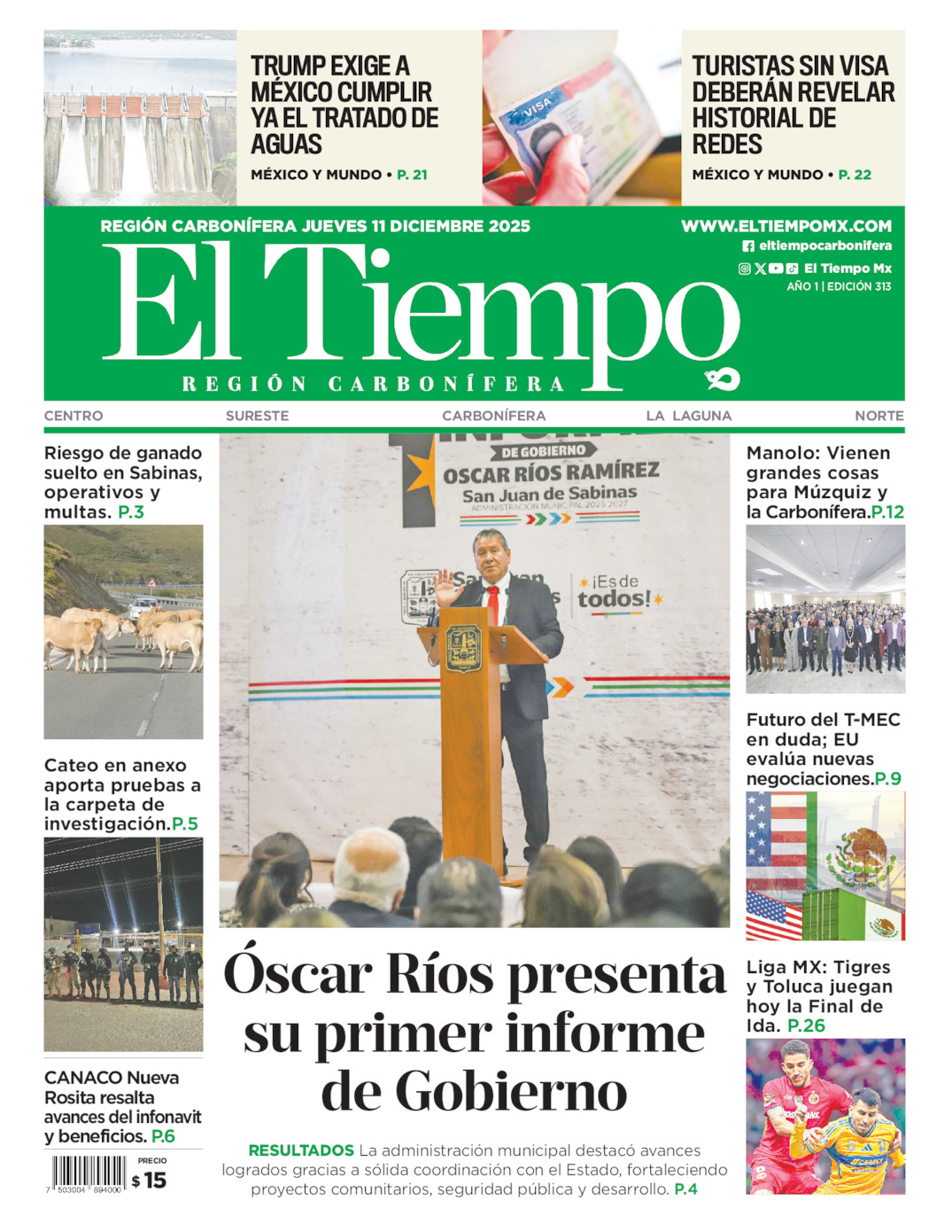 Edición impresa: Portada del jueves 11 de diciembre de 2025, El Tiempo región <strong>Carbonífera</strong>
