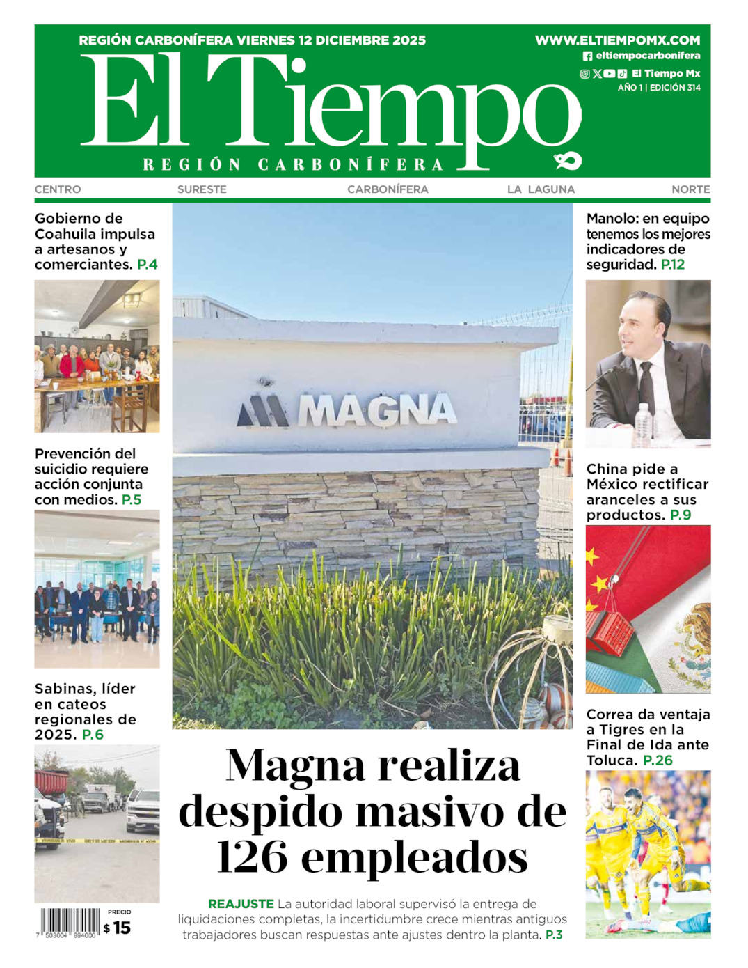 Edición impresa: Portada del viernes 12 de diciembre de 2025, El Tiempo región <strong>Carbonífera</strong>