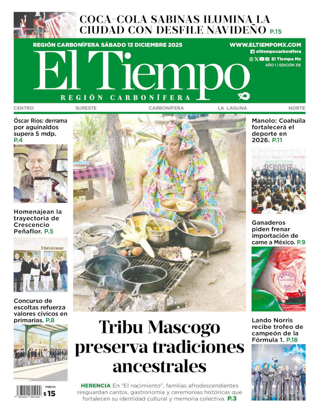 Edición impresa: Portada del sábado 13 de diciembre de 2025, El Tiempo región <strong>Carbonífera</strong>