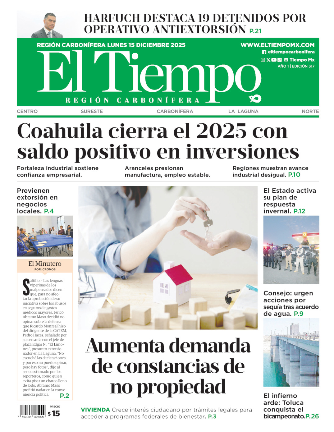 Edición impresa: Portada del lunes 15 de diciembre de 2025, El Tiempo región <strong>Carbonífera</strong>