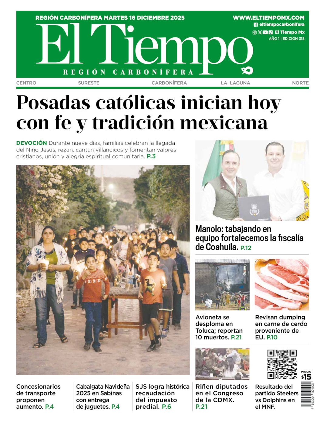 Edición impresa: Portada del martes 16 de diciembre de 2025, El Tiempo región <strong>Carbonífera</strong>
