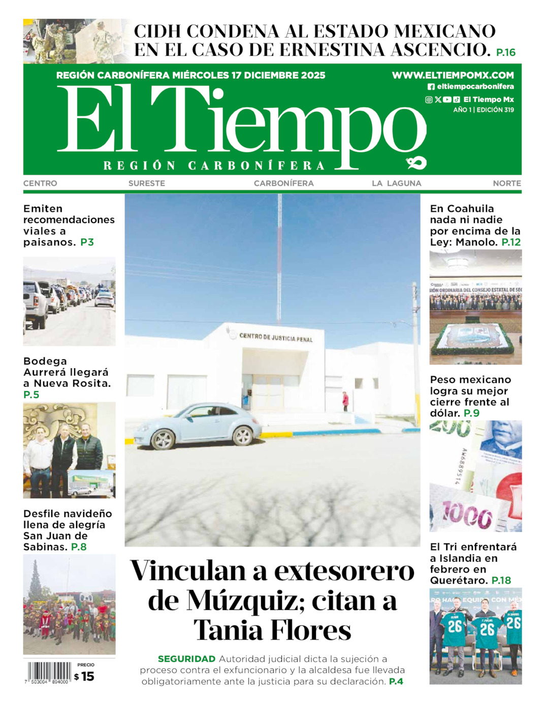 Edición impresa: Portada del miércoles 17 de diciembre de 2025, El Tiempo región <strong>Carbonífera</strong>