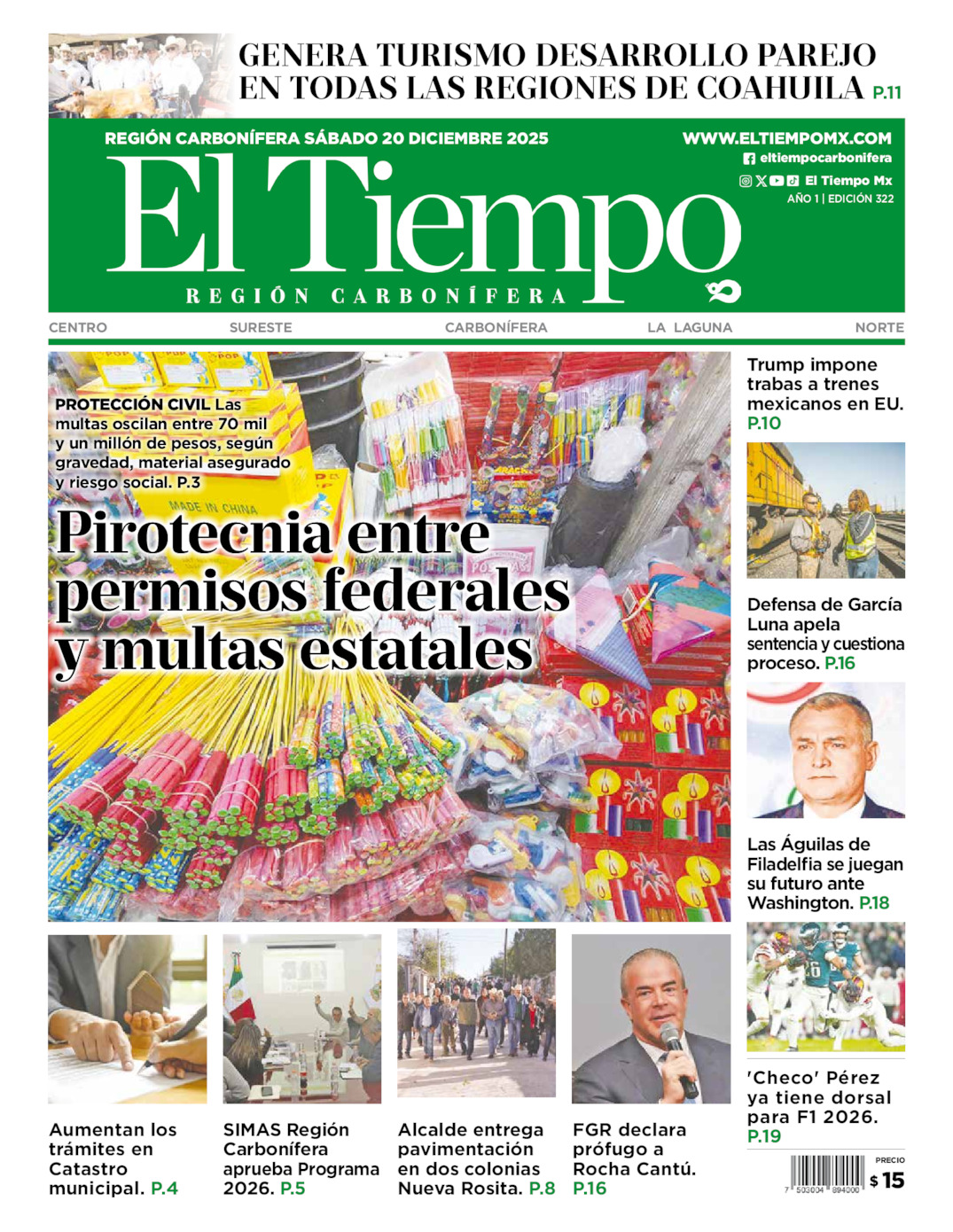 Edición impresa: Portada del sábado 20 de diciembre de 2025, El Tiempo región <strong>Carbonífera</strong>